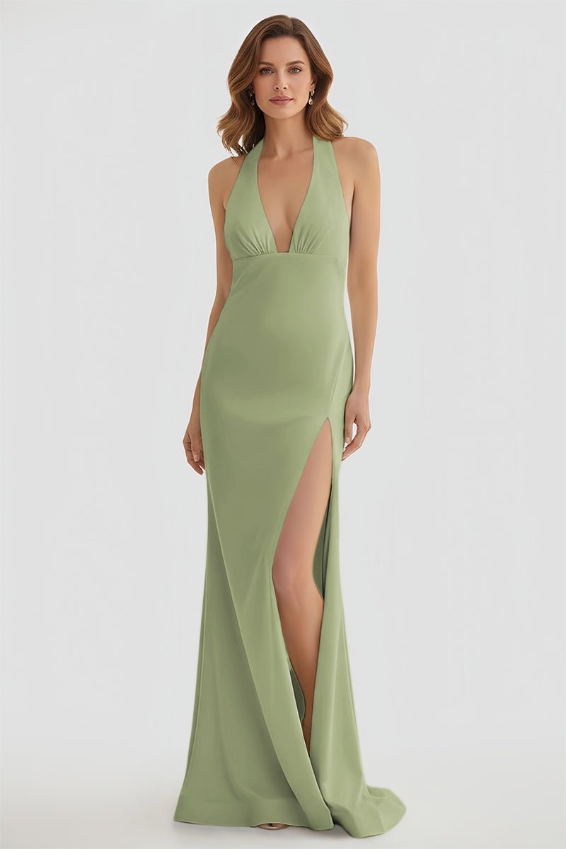 Alaric | Mermaid Deep V Neck Yellow Satin Long Prom Dresses with Slit