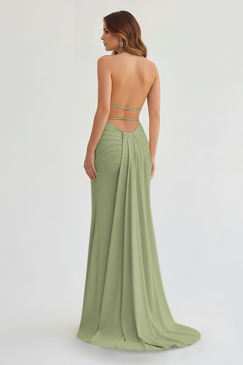 Alaric | Mermaid Deep V Neck Yellow Satin Long Prom Dresses with Slit