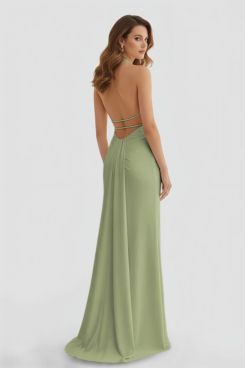 Alaric | Mermaid Deep V Neck Yellow Satin Long Prom Dresses with Slit