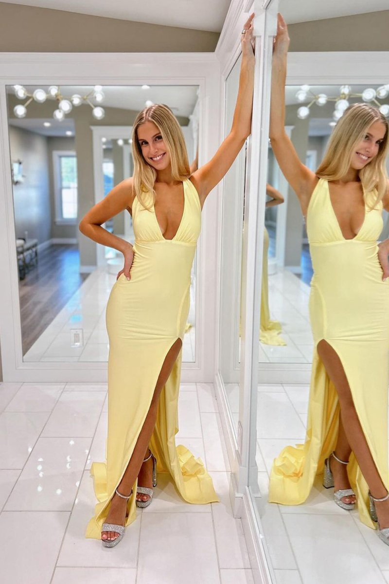 Alaric | Mermaid Deep V Neck Yellow Satin Long Prom Dresses with Slit