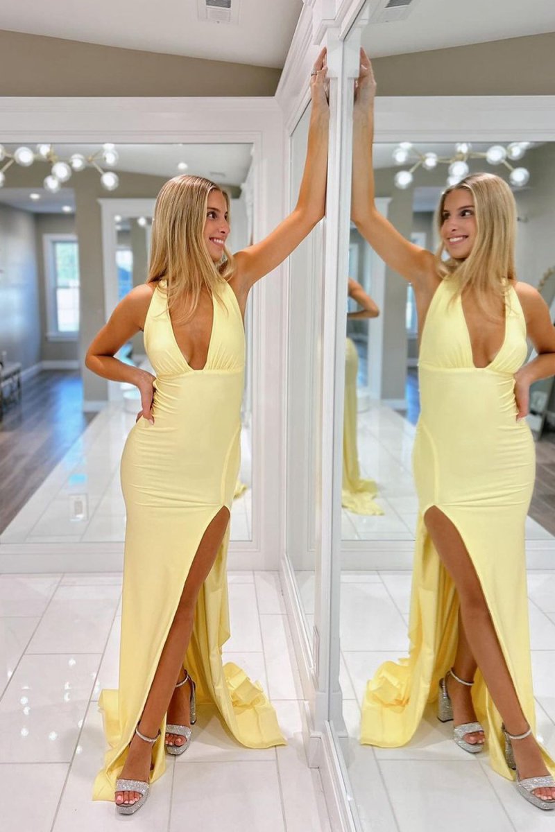 Alaric | Mermaid Deep V Neck Yellow Satin Long Prom Dresses with Slit