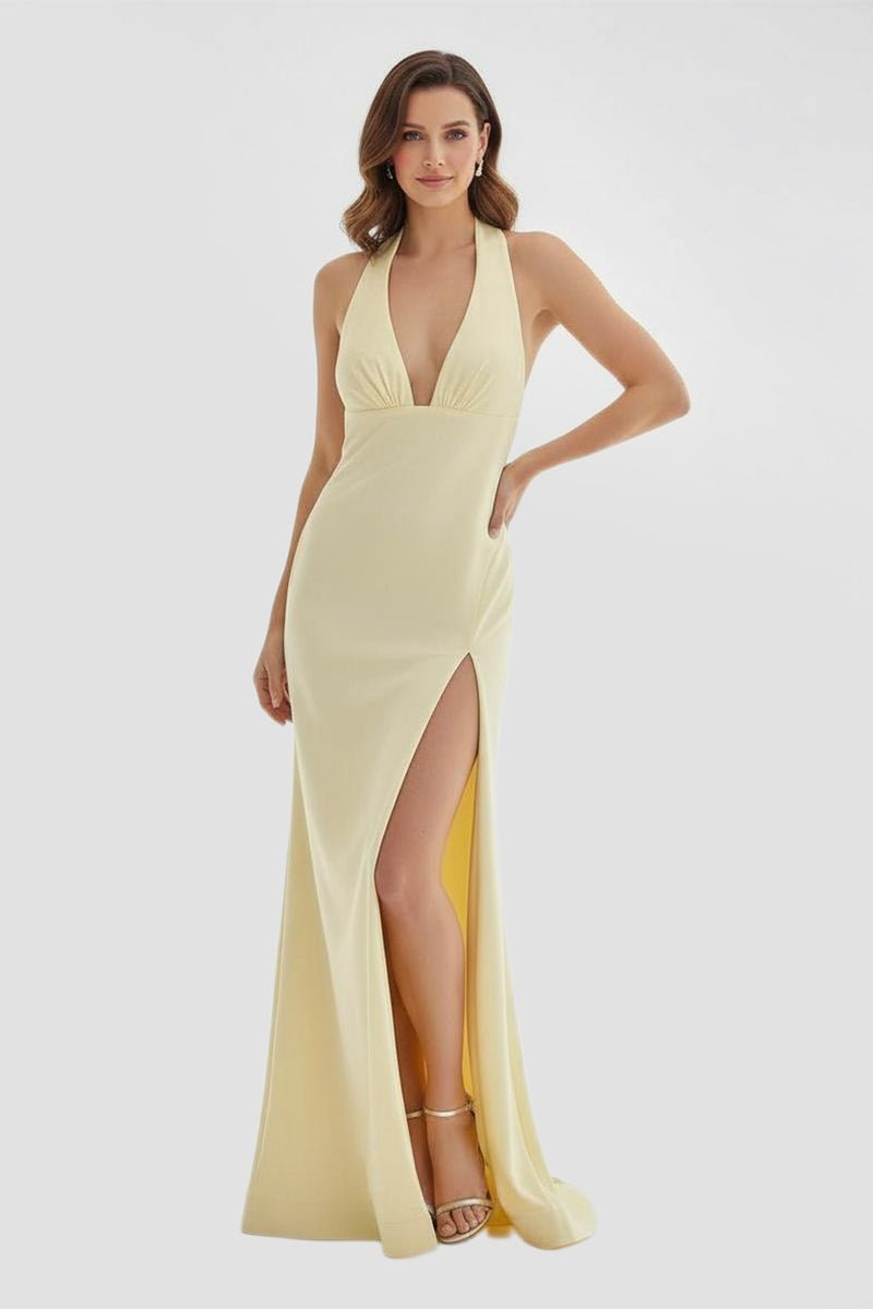 Alaric | Mermaid Deep V Neck Yellow Satin Long Prom Dresses with Slit
