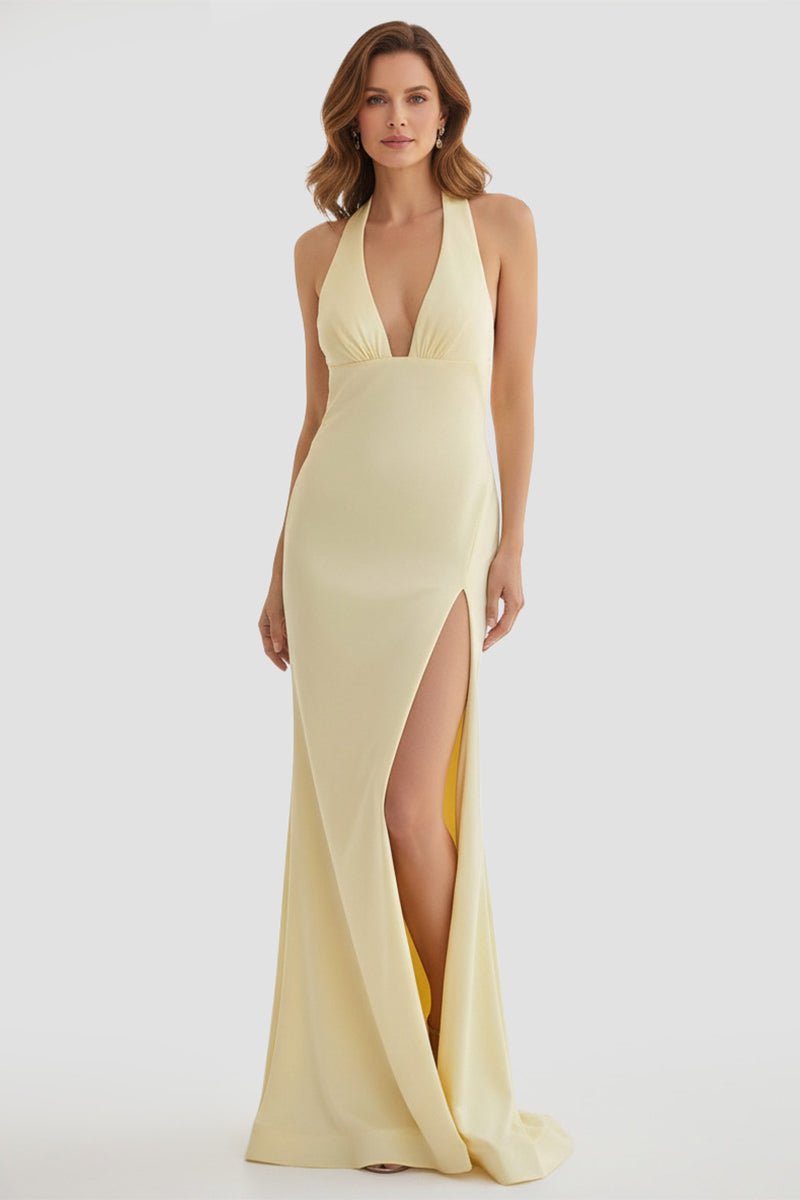 Alaric | Mermaid Deep V Neck Yellow Satin Long Prom Dresses with Slit