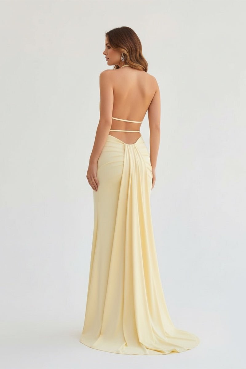 Alaric | Mermaid Deep V Neck Yellow Satin Long Prom Dresses with Slit