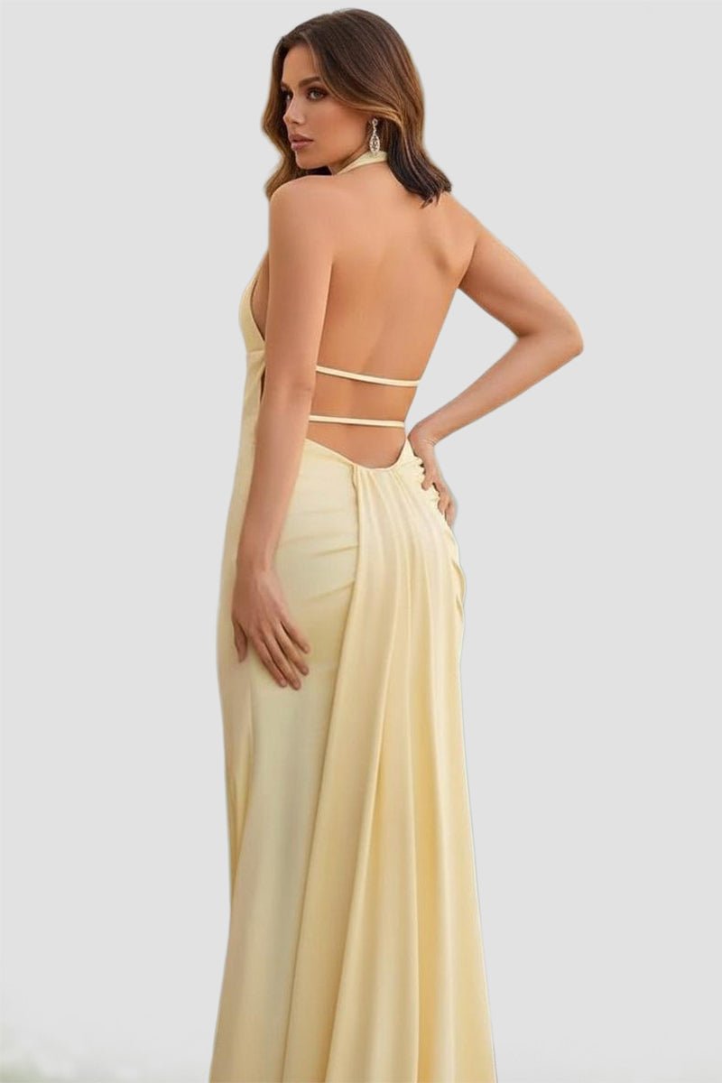 Alaric | Mermaid Deep V Neck Yellow Satin Long Prom Dresses with Slit