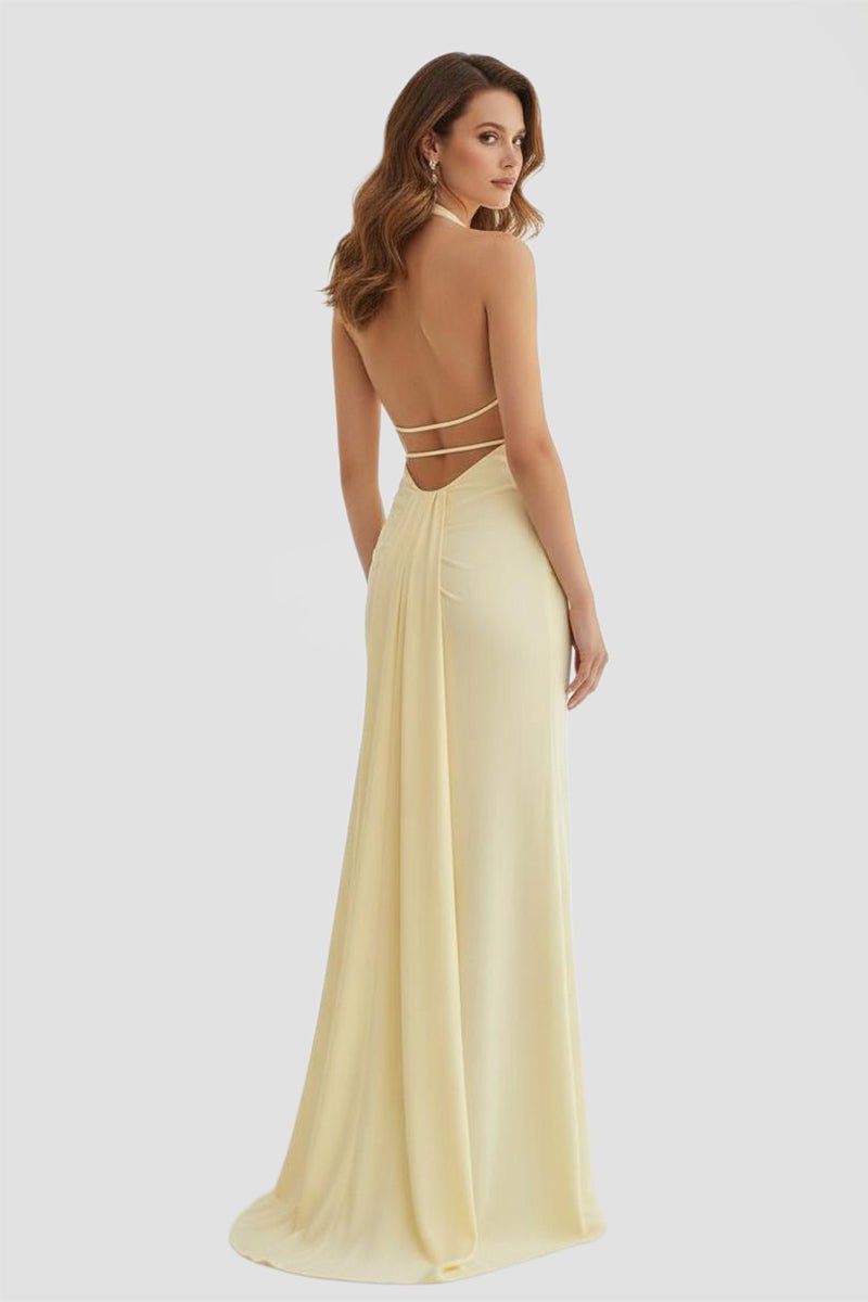 Alaric | Mermaid Deep V Neck Yellow Satin Long Prom Dresses with Slit