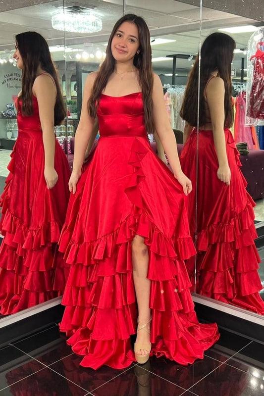 Aldrich | Scoop Neck A Line Lace-Up Ruffle Tiered Red Prom Dress with Slit