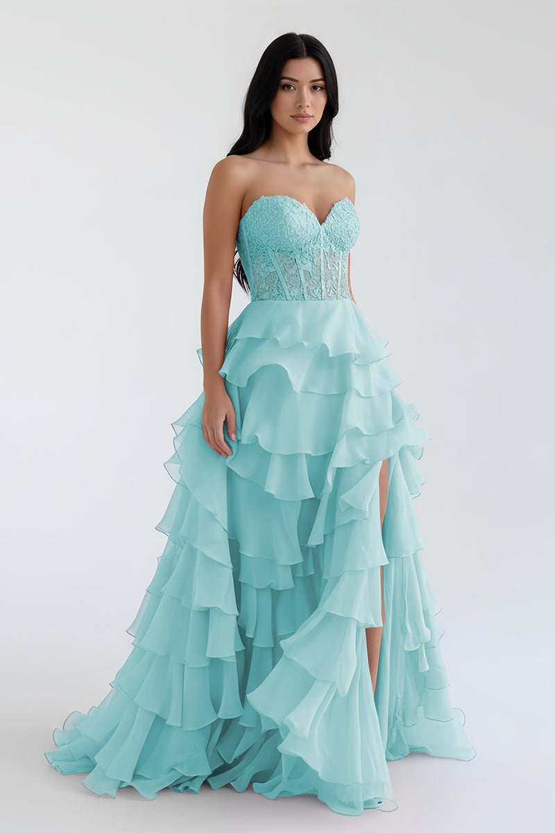 Alondra | Royal Blue Chiffon Sweetheart Ruffle Tiered Long Prom Dress