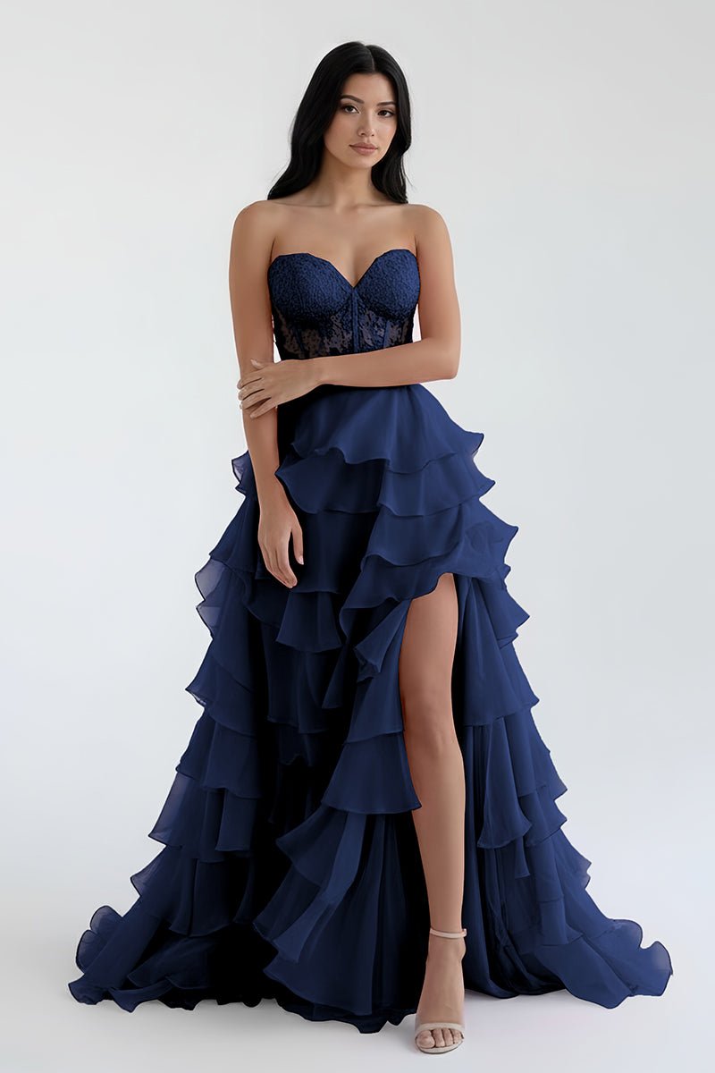Alondra | Royal Blue Chiffon Sweetheart Ruffle Tiered Long Prom Dress