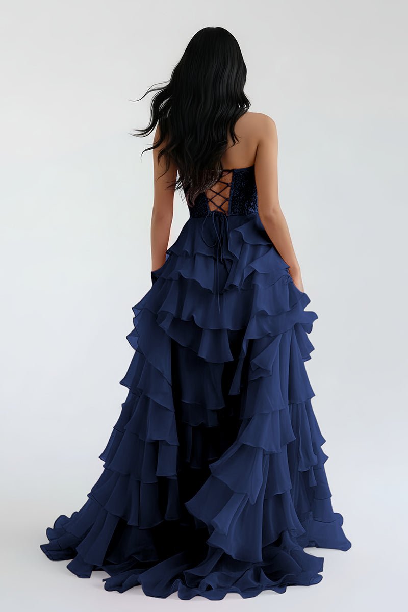 Alondra | Royal Blue Chiffon Sweetheart Ruffle Tiered Long Prom Dress