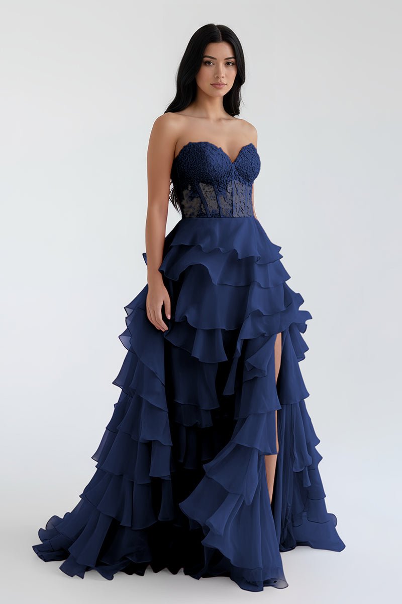 Alondra | Royal Blue Chiffon Sweetheart Ruffle Tiered Long Prom Dress