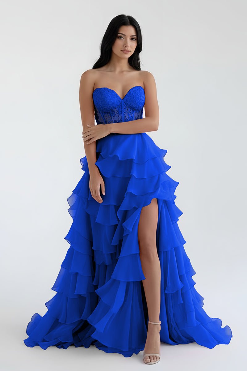 Alondra | Royal Blue Chiffon Sweetheart Ruffle Tiered Long Prom Dress