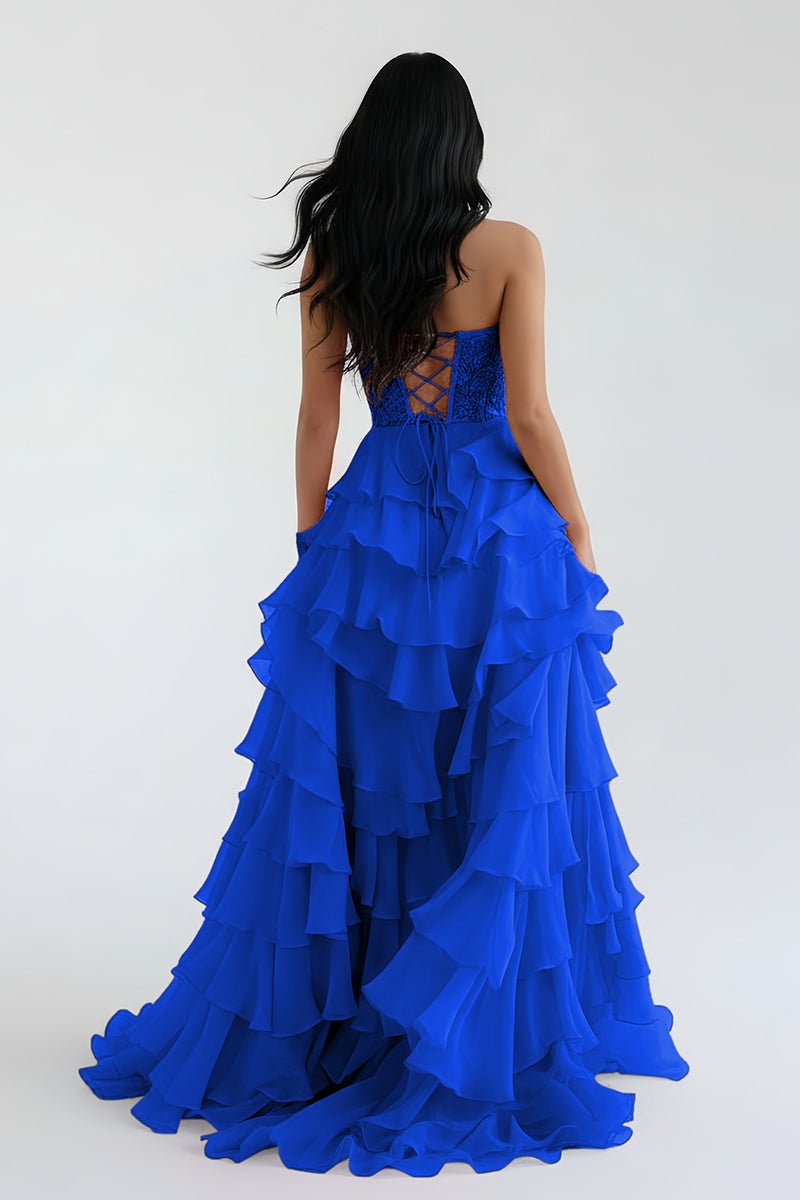 Alondra | Royal Blue Chiffon Sweetheart Ruffle Tiered Long Prom Dress