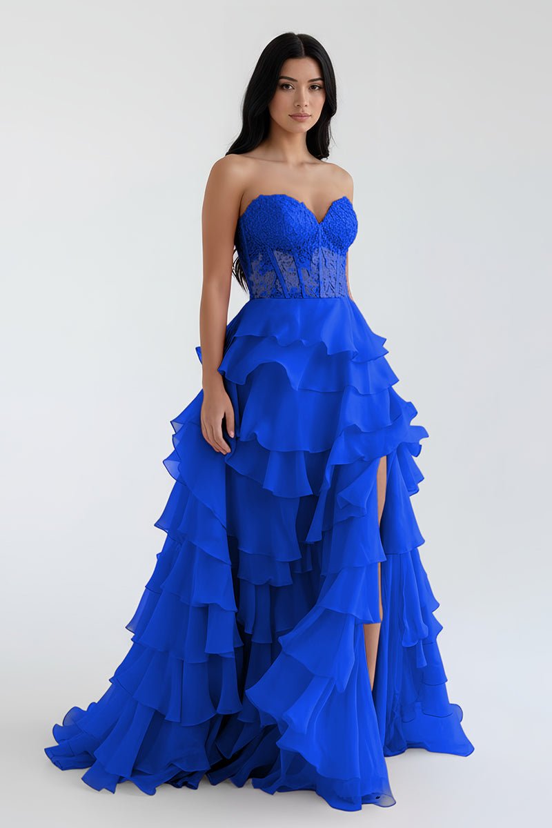 Alondra | Royal Blue Chiffon Sweetheart Ruffle Tiered Long Prom Dress