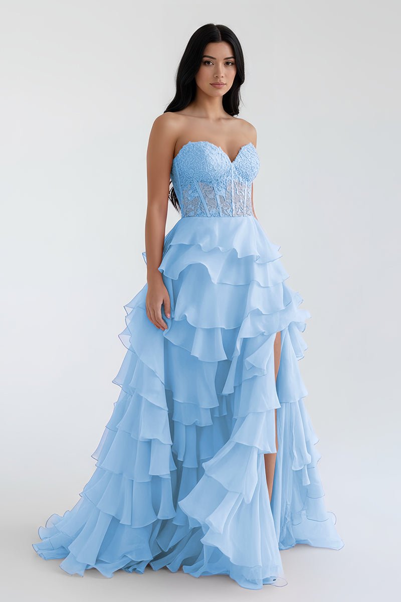Alondra | Royal Blue Chiffon Sweetheart Ruffle Tiered Long Prom Dress
