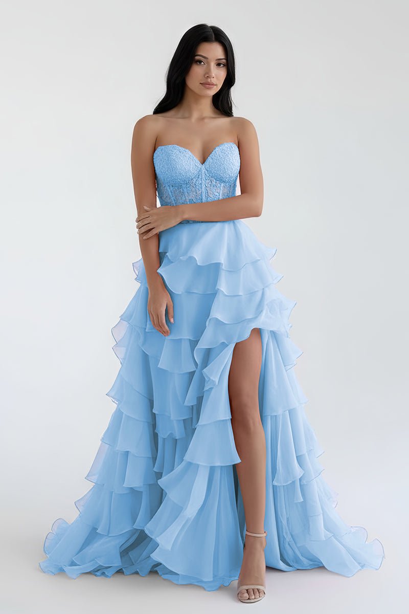 Alondra | Royal Blue Chiffon Sweetheart Ruffle Tiered Long Prom Dress