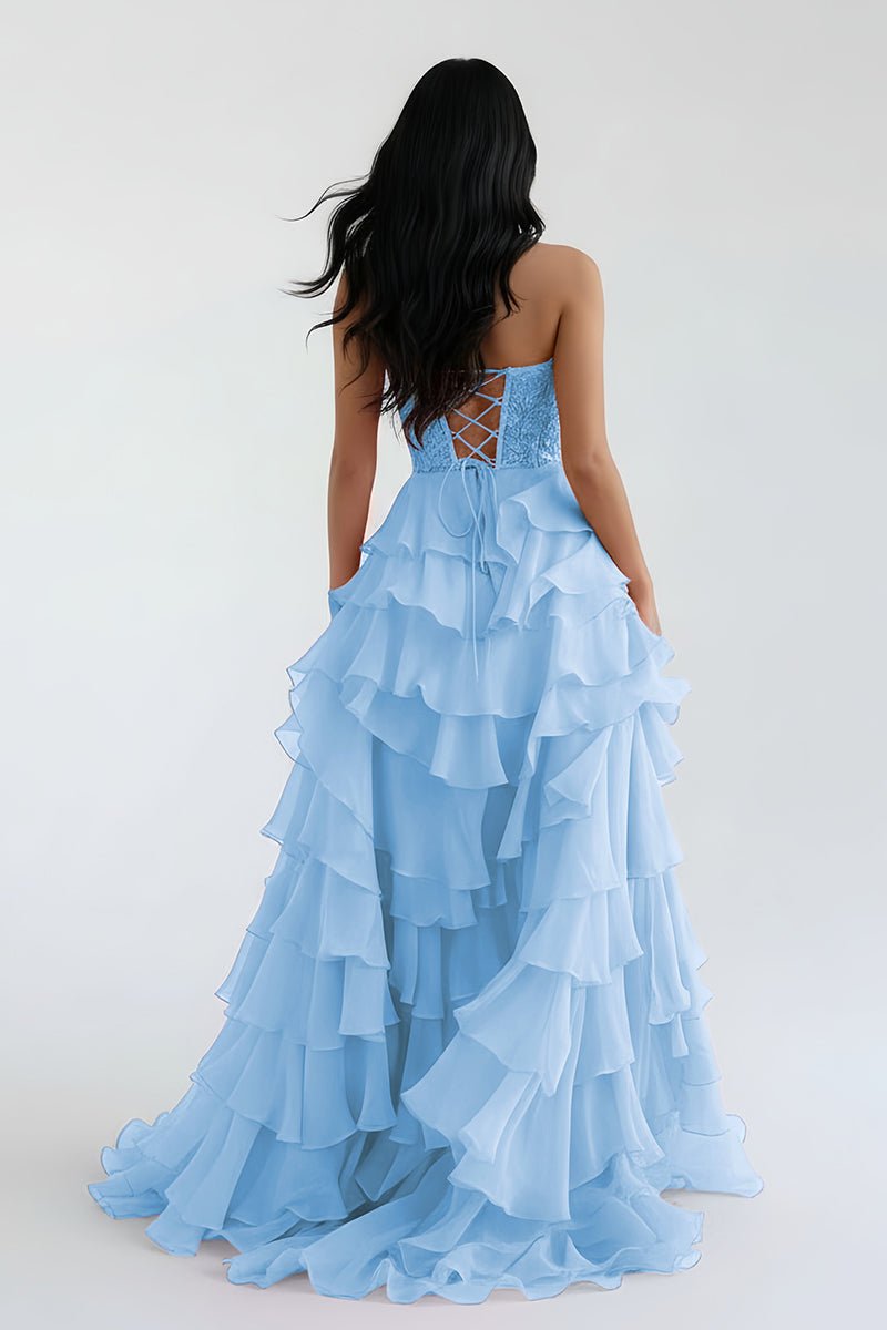 Alondra | Royal Blue Chiffon Sweetheart Ruffle Tiered Long Prom Dress