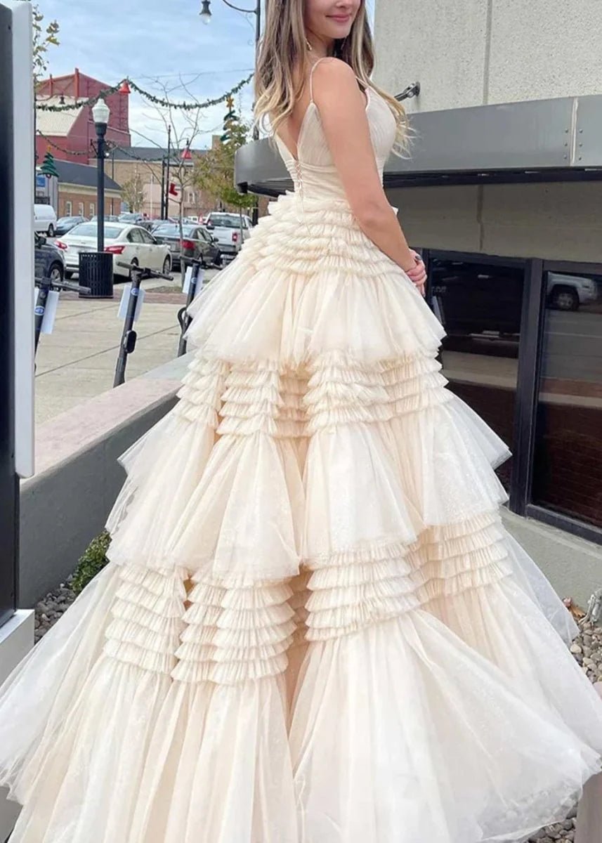 Amanda| A-Line Spaghetti Straps Long Tiered Tulle Prom Dress With Split