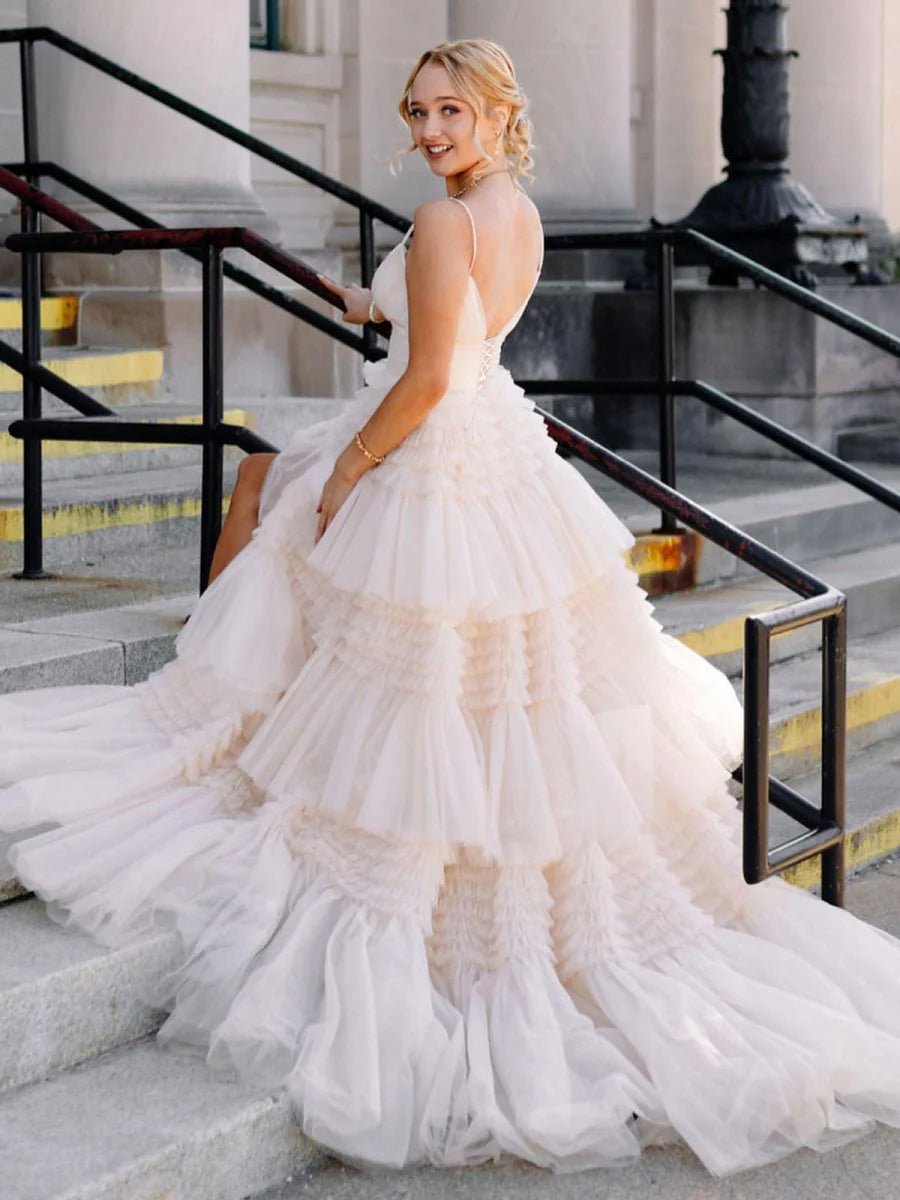 Amanda| A-Line Spaghetti Straps Long Tiered Tulle Prom Dress With Split