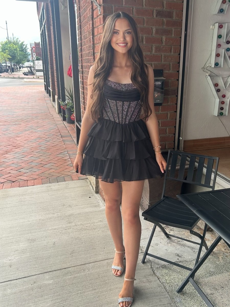 Amica | Black - Strapless A Line Chiffon Beaded Mini Party Dresses With Ruffles