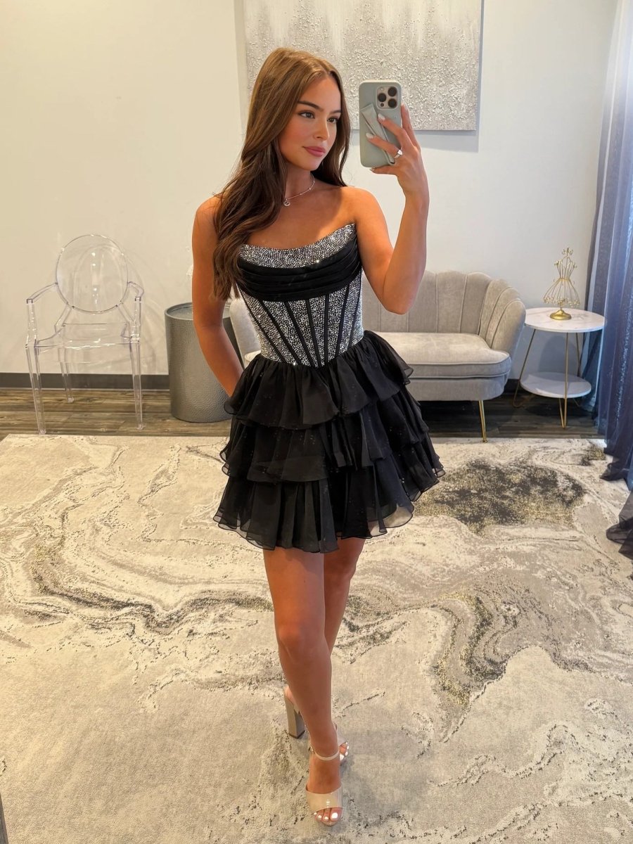 Amica | Black - Strapless A Line Chiffon Beaded Mini Party Dresses With Ruffles