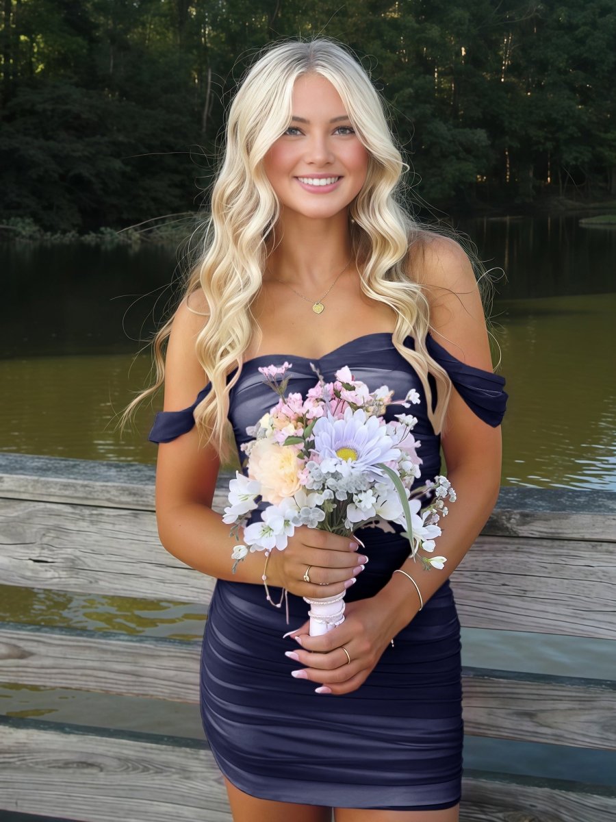 Anette | Navy Blue - Off The Shoulder Tulle Short Homecoming & Cocktail Dresses