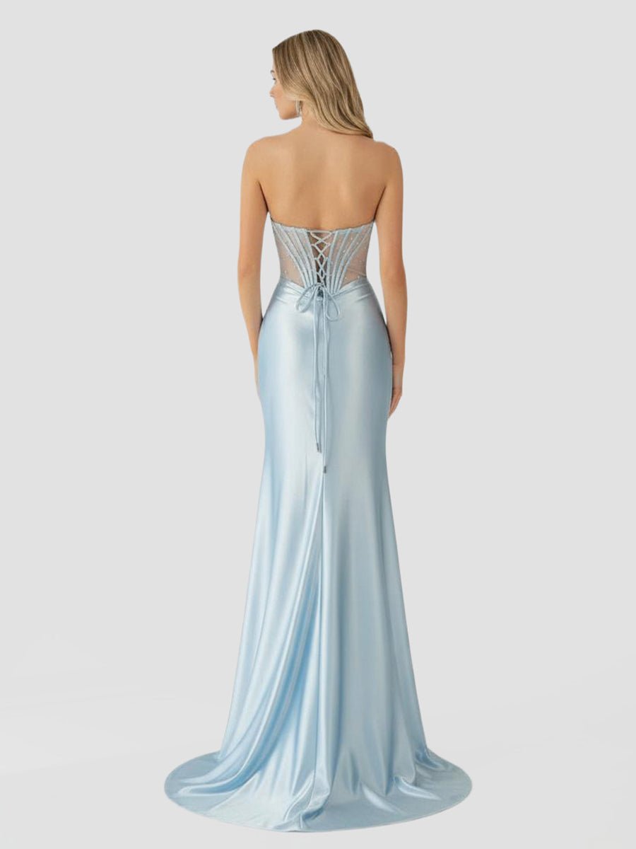 Astraea | Mermaid Strapless Blue Beaded Ruched Long Prom Dress with Slit