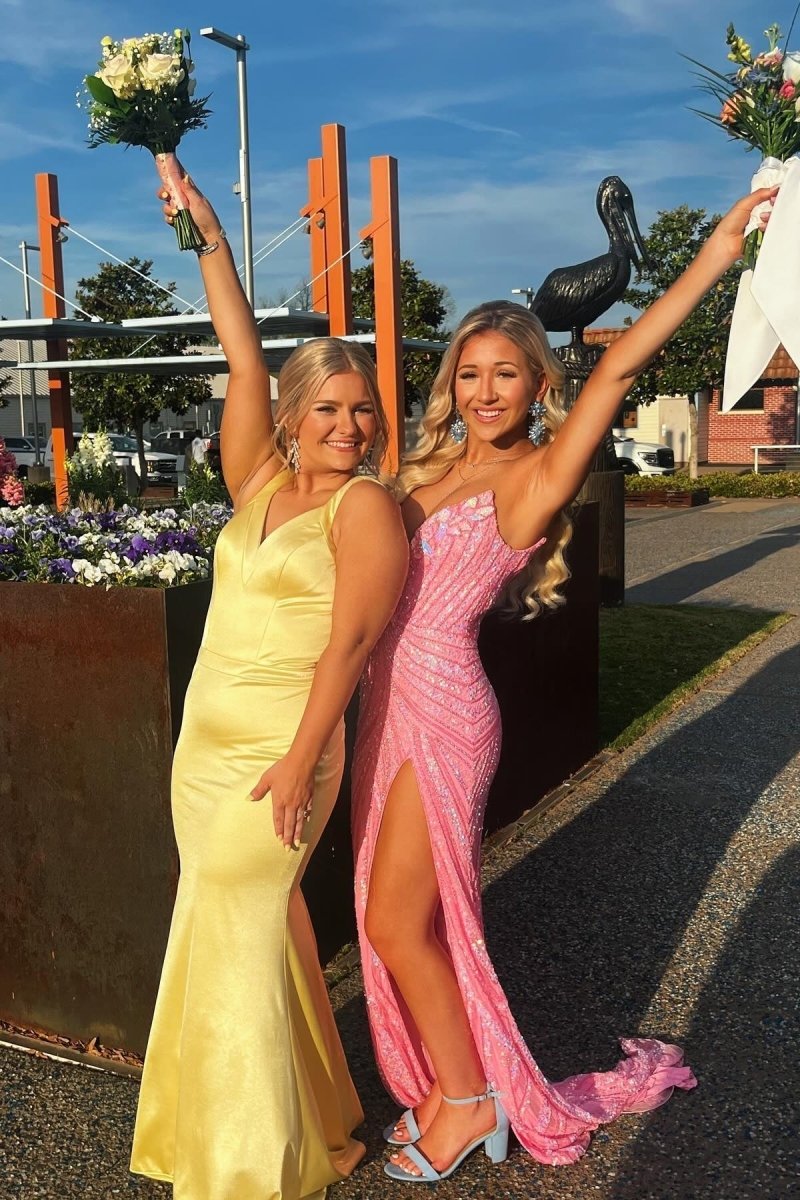 Bliss | Yellow Mermaid Satin V Neck Long Party Dress