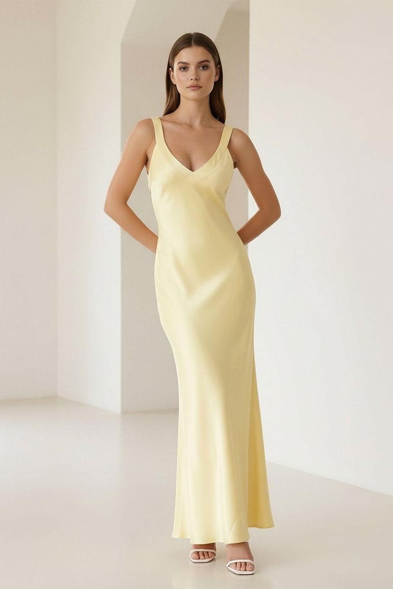 Bliss | Yellow Mermaid Satin V Neck Long Party Dress