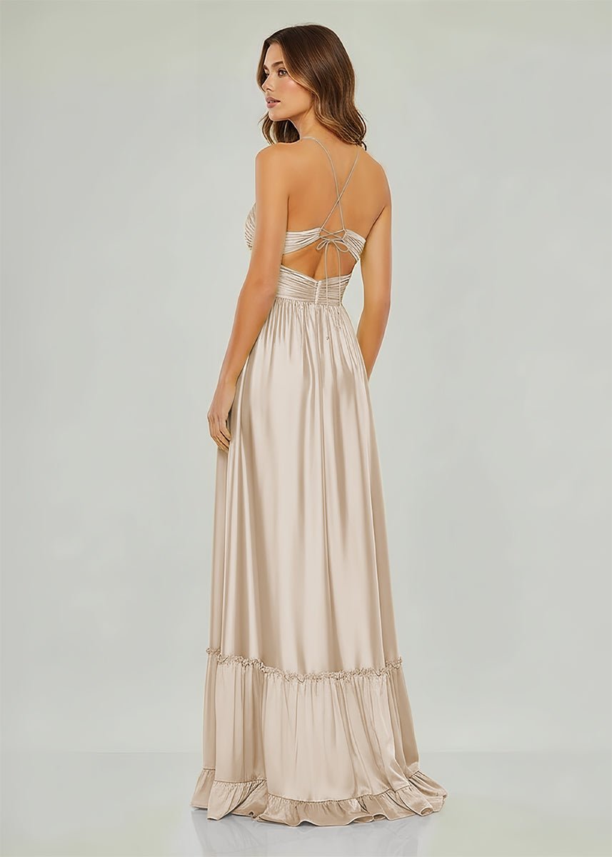 Carnation | Criss-cross Chartreuse Ruched A-line Halter Sleeveless Long Prom Dress