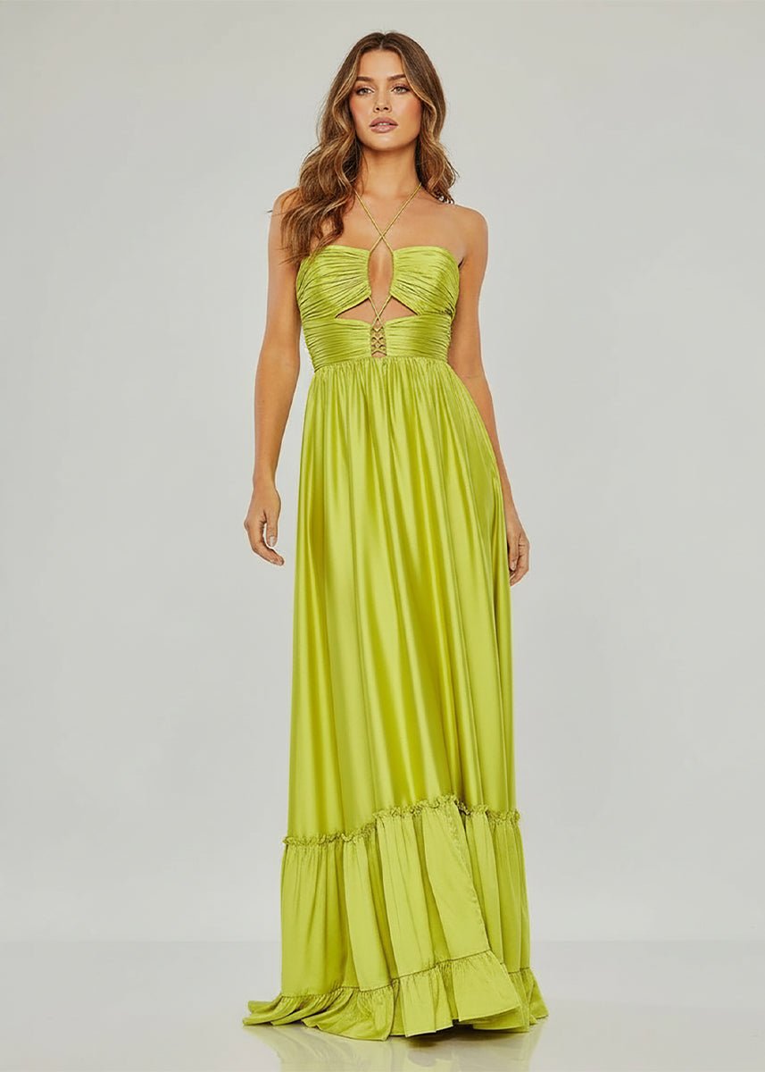 Carnation | Criss-cross Chartreuse Ruched A-line Halter Sleeveless Long Prom Dress