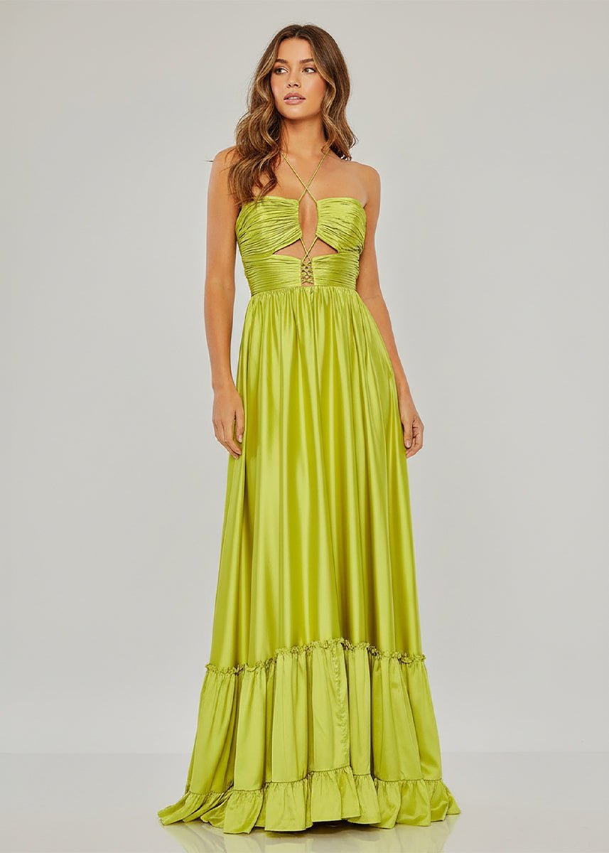 Carnation | Criss-cross Chartreuse Ruched A-line Halter Sleeveless Long Prom Dress