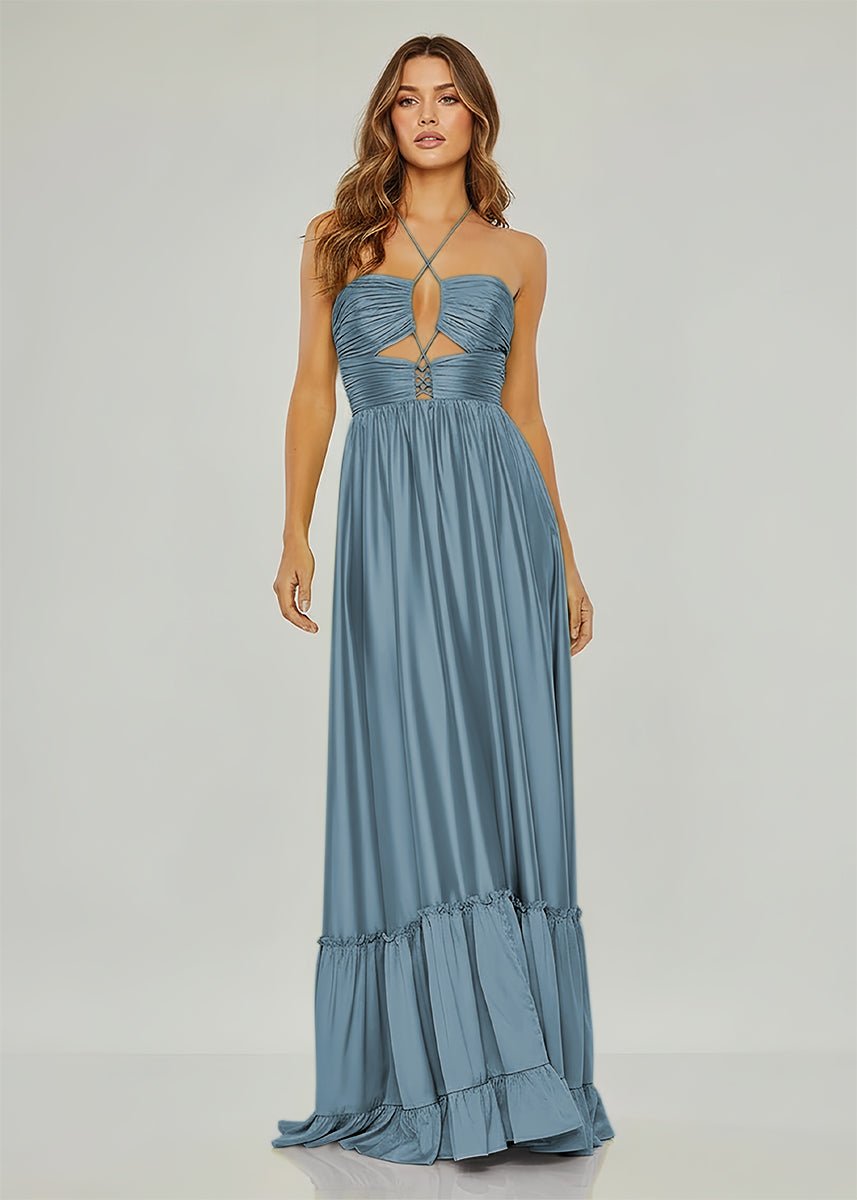 Carnation | Criss-cross Chartreuse Ruched A-line Halter Sleeveless Long Prom Dress