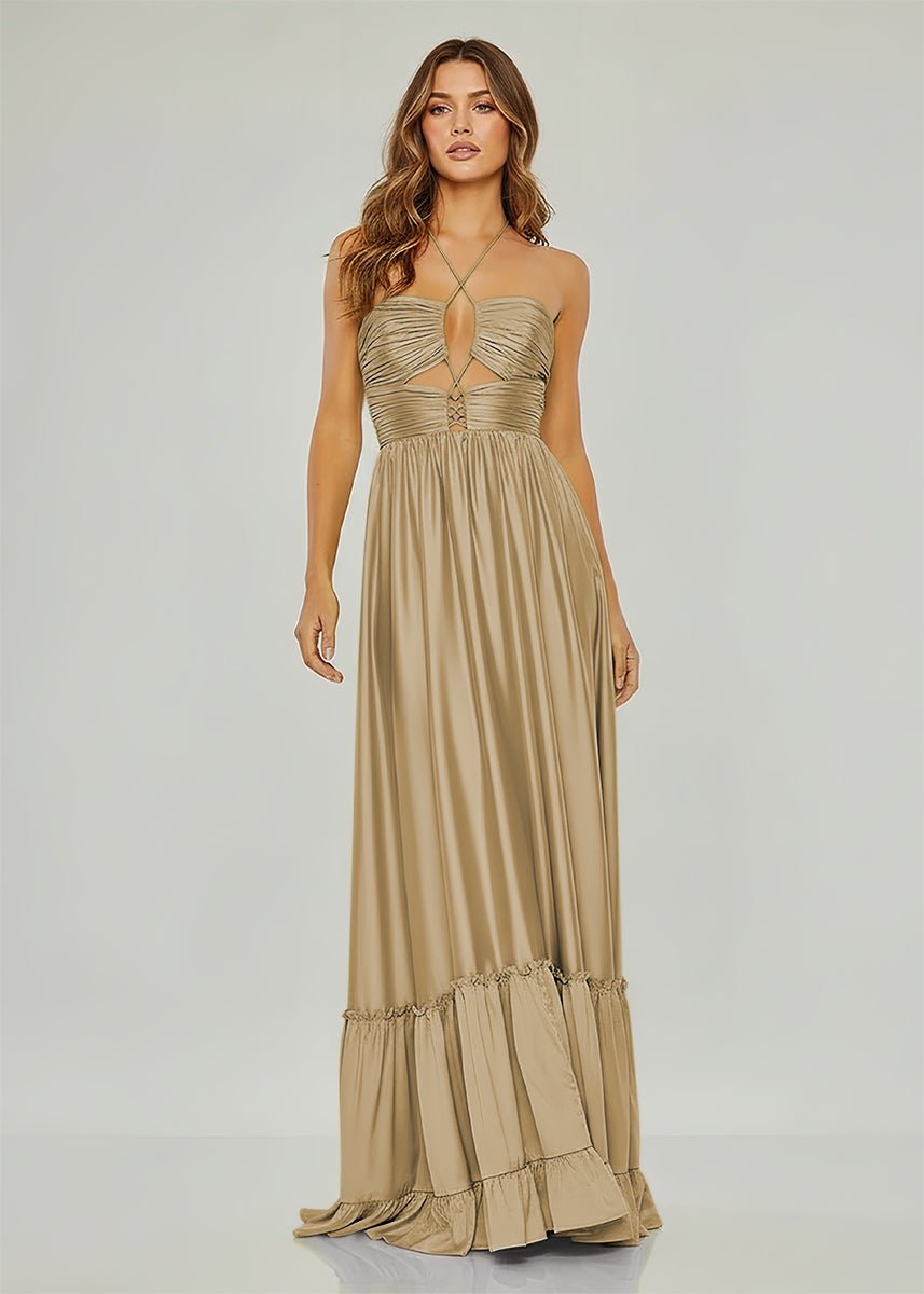 Carnation | Criss-cross Chartreuse Ruched A-line Halter Sleeveless Long Prom Dress