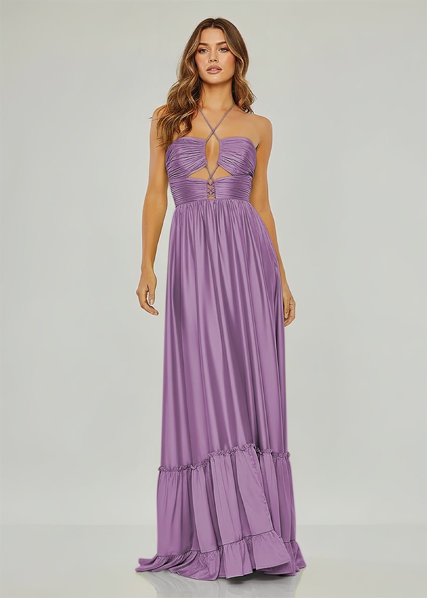 Carnation | Criss-cross Chartreuse Ruched A-line Halter Sleeveless Long Prom Dress