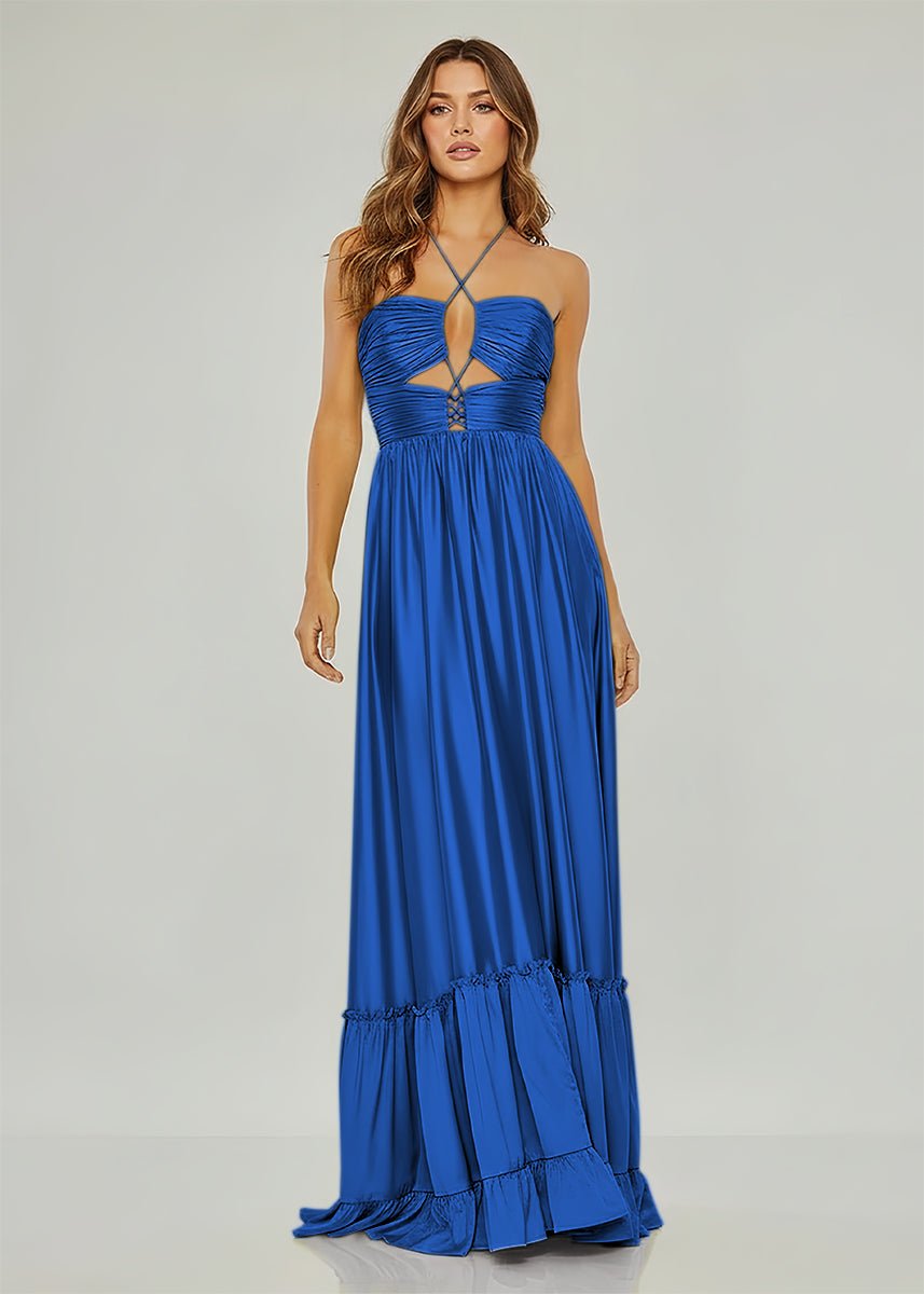 Carnation | Criss-cross Chartreuse Ruched A-line Halter Sleeveless Long Prom Dress