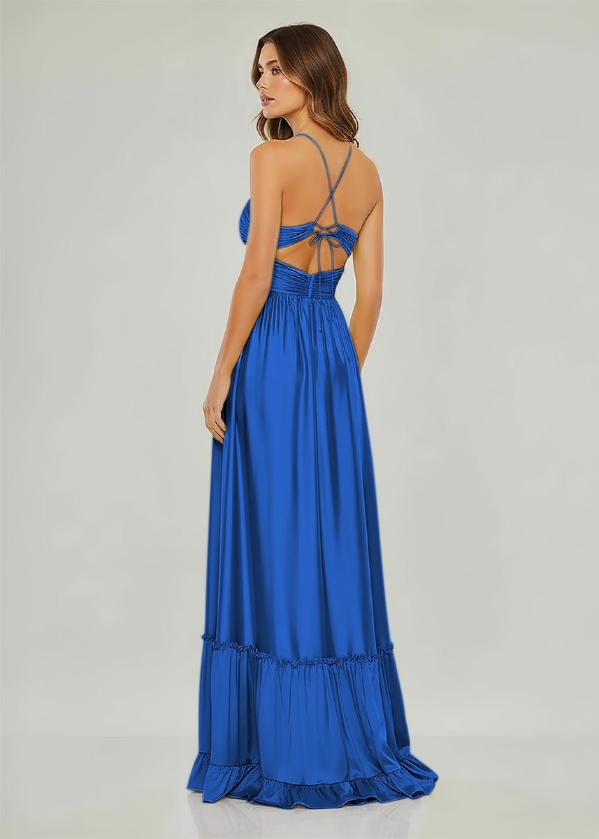 Carnation | Criss-cross Chartreuse Ruched A-line Halter Sleeveless Long Prom Dress