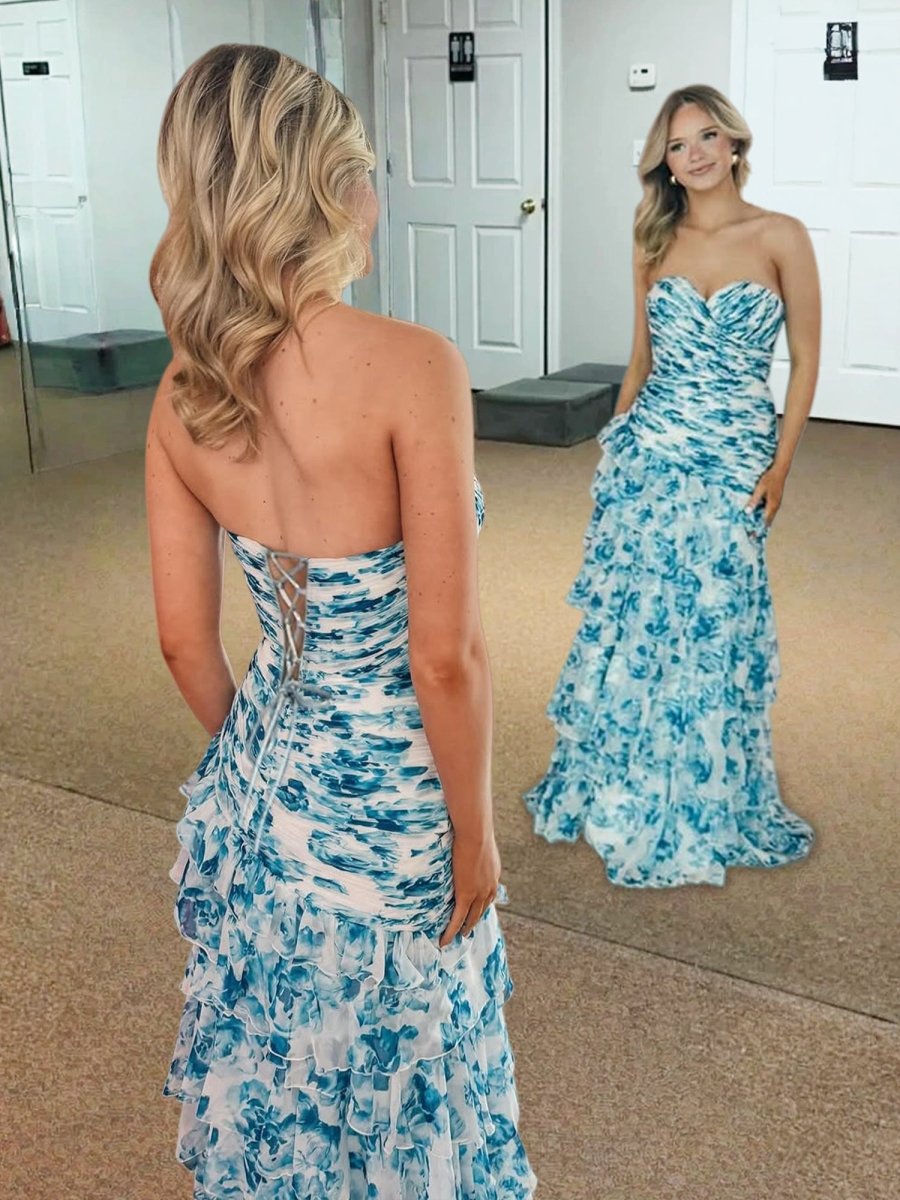 Cassian | Mermaid Sweetheart Printed Chiffon Long Prom Dresses with Slit