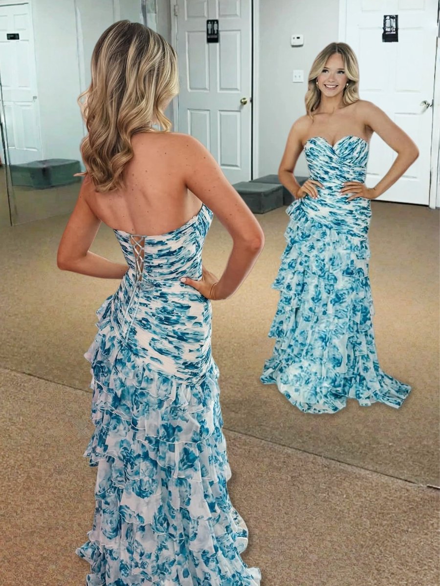 Cassian | Mermaid Sweetheart Printed Chiffon Long Prom Dresses with Slit