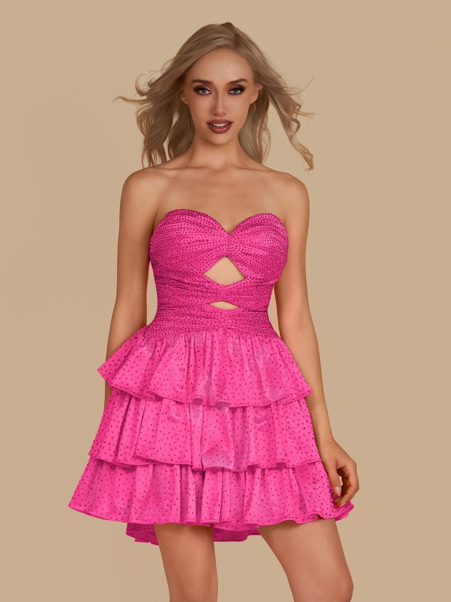 Cindra | Hot Pink - A Line Sweetheart Satin Cut Out Ruffled Homecoming & Cocktail Dresses with Beads