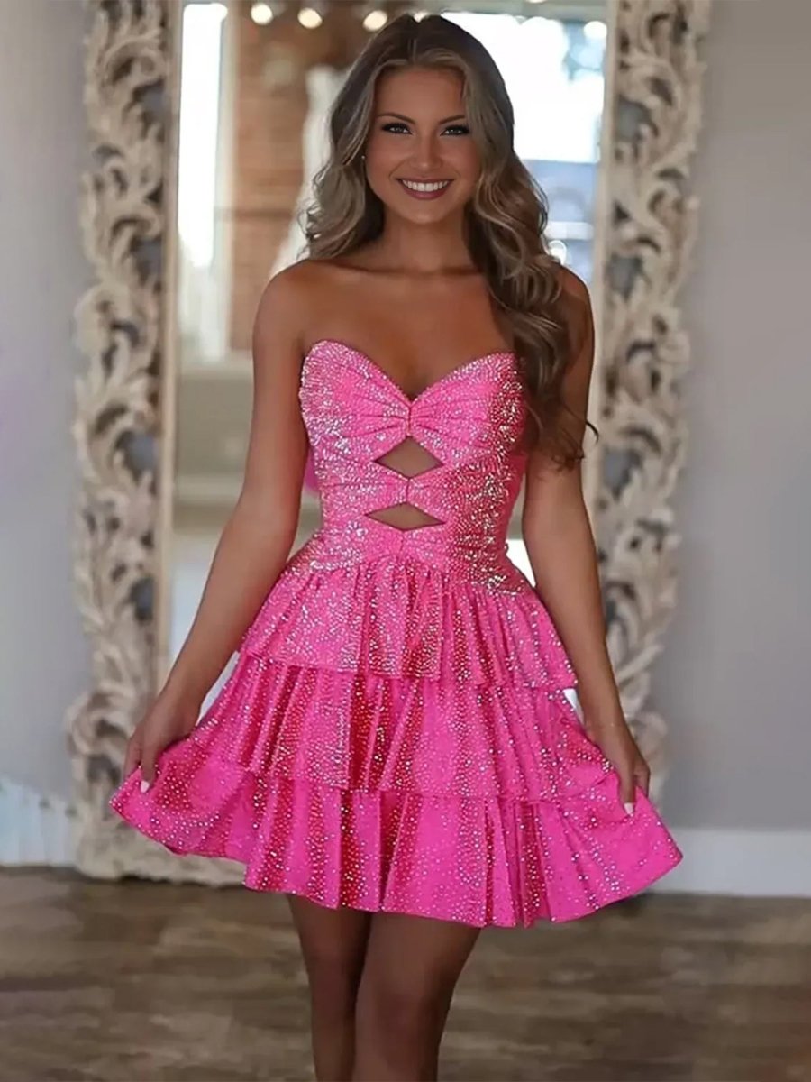 Cindra | Hot Pink - A Line Sweetheart Satin Cut Out Ruffled Homecoming & Cocktail Dresses with Beads