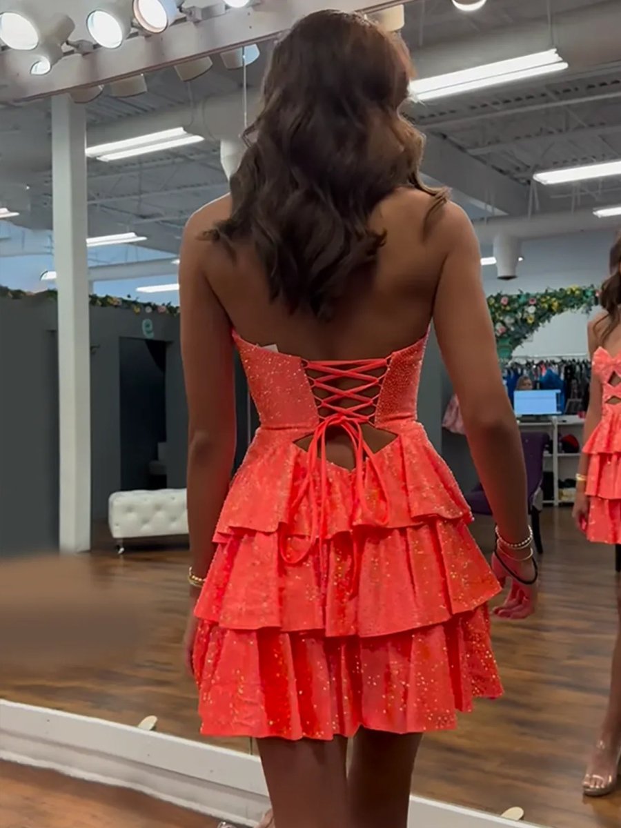 Cindra | Orange - A Line Sweetheart Satin Cut Out Ruffled Homecoming & Cocktail Dresses with Beads