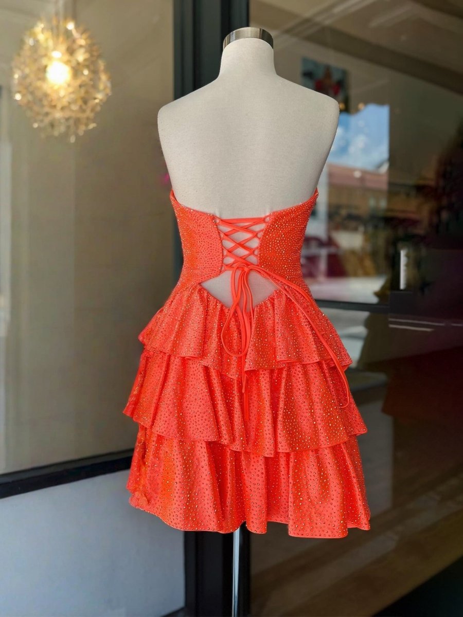 Cindra | Orange - A Line Sweetheart Satin Cut Out Ruffled Homecoming & Cocktail Dresses with Beads