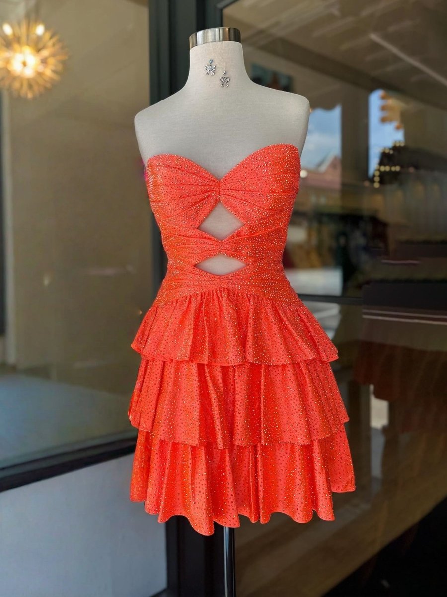 Cindra | Orange - A Line Sweetheart Satin Cut Out Ruffled Homecoming & Cocktail Dresses with Beads