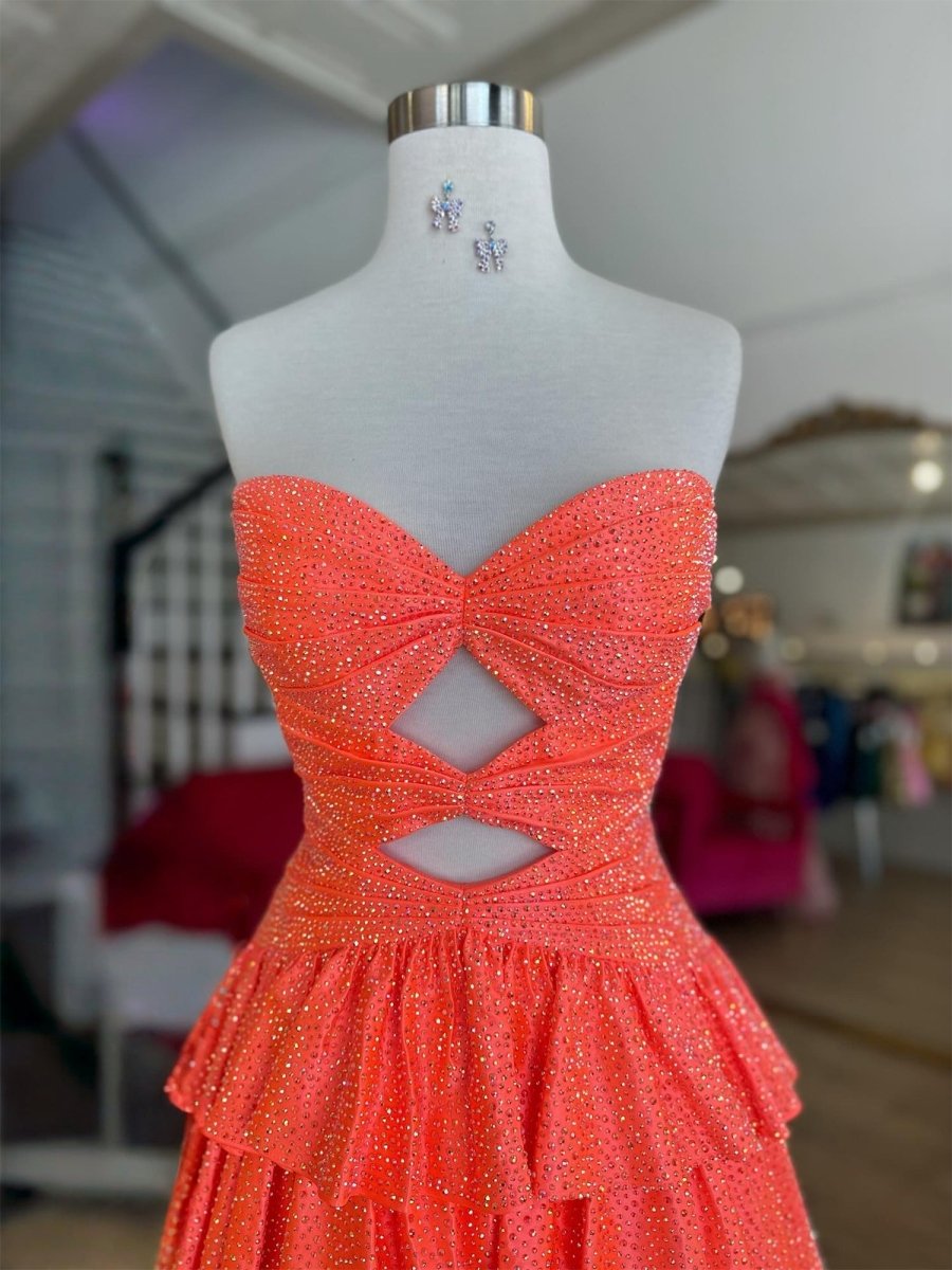 Cindra | Orange - A Line Sweetheart Satin Cut Out Ruffled Homecoming & Cocktail Dresses with Beads