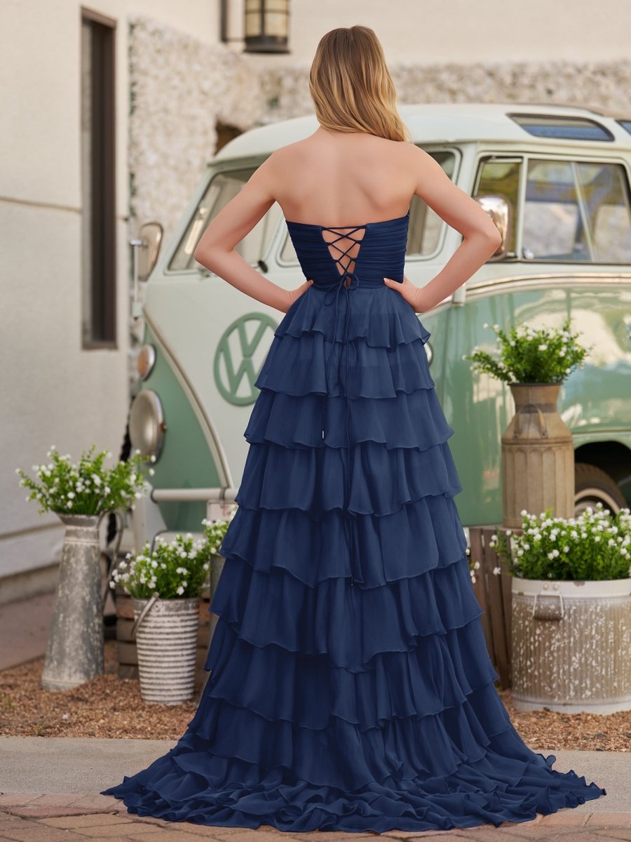 Cinizia | Chiffon Fuchsia Sweetheart Tiered Ruffles Prom Dress with Slit