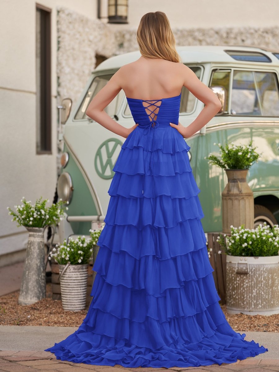 Cinizia | Chiffon Fuchsia Sweetheart Tiered Ruffles Prom Dress with Slit