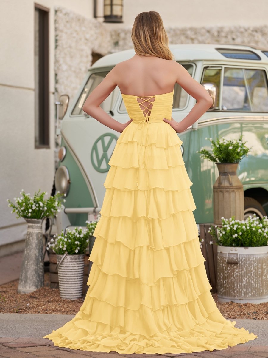 Cinizia | Chiffon Fuchsia Sweetheart Tiered Ruffles Prom Dress with Slit