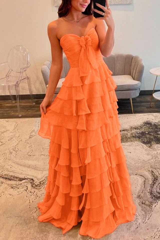 Cinizia | Chiffon Fuchsia Sweetheart Tiered Ruffles Prom Dress with Slit