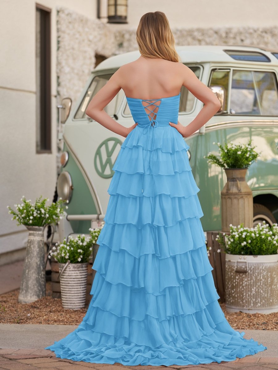 Cinizia | Chiffon Fuchsia Sweetheart Tiered Ruffles Prom Dress with Slit